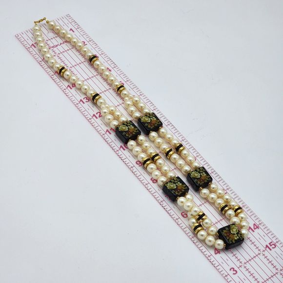 Japan Faux Pearl & Black Floral Painted Lacquered Square Bead 28" Necklace - Picture 8 of 8